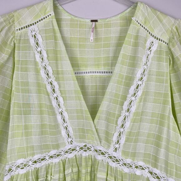 Free People Time Out Tunic Top Size S Lime Green Plaid Crochet Lace Boho Prairie - Picture 4 of 10